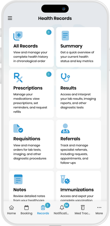 Care& app health records screen