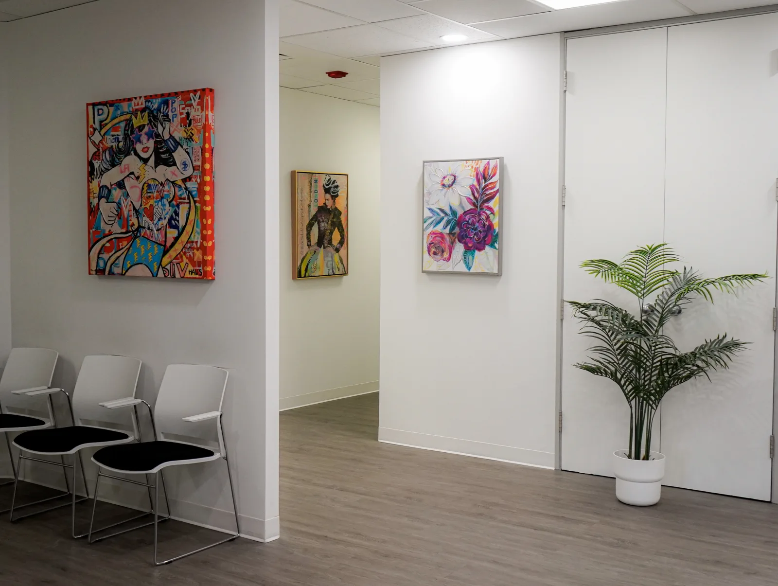 Colourful art-filled waiting space at Care& Lawrence Park